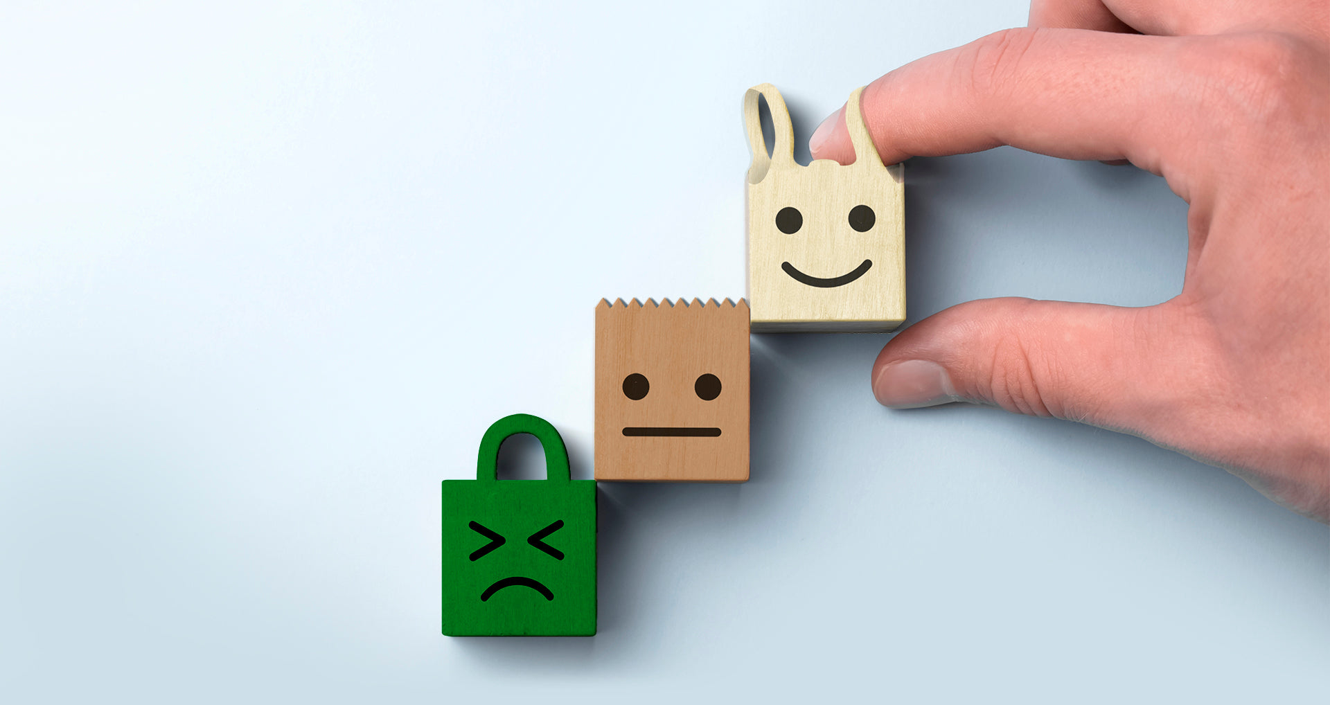 Customer showing rating with happy icon on blue background, Customer satisfaction survey concept, copy space.