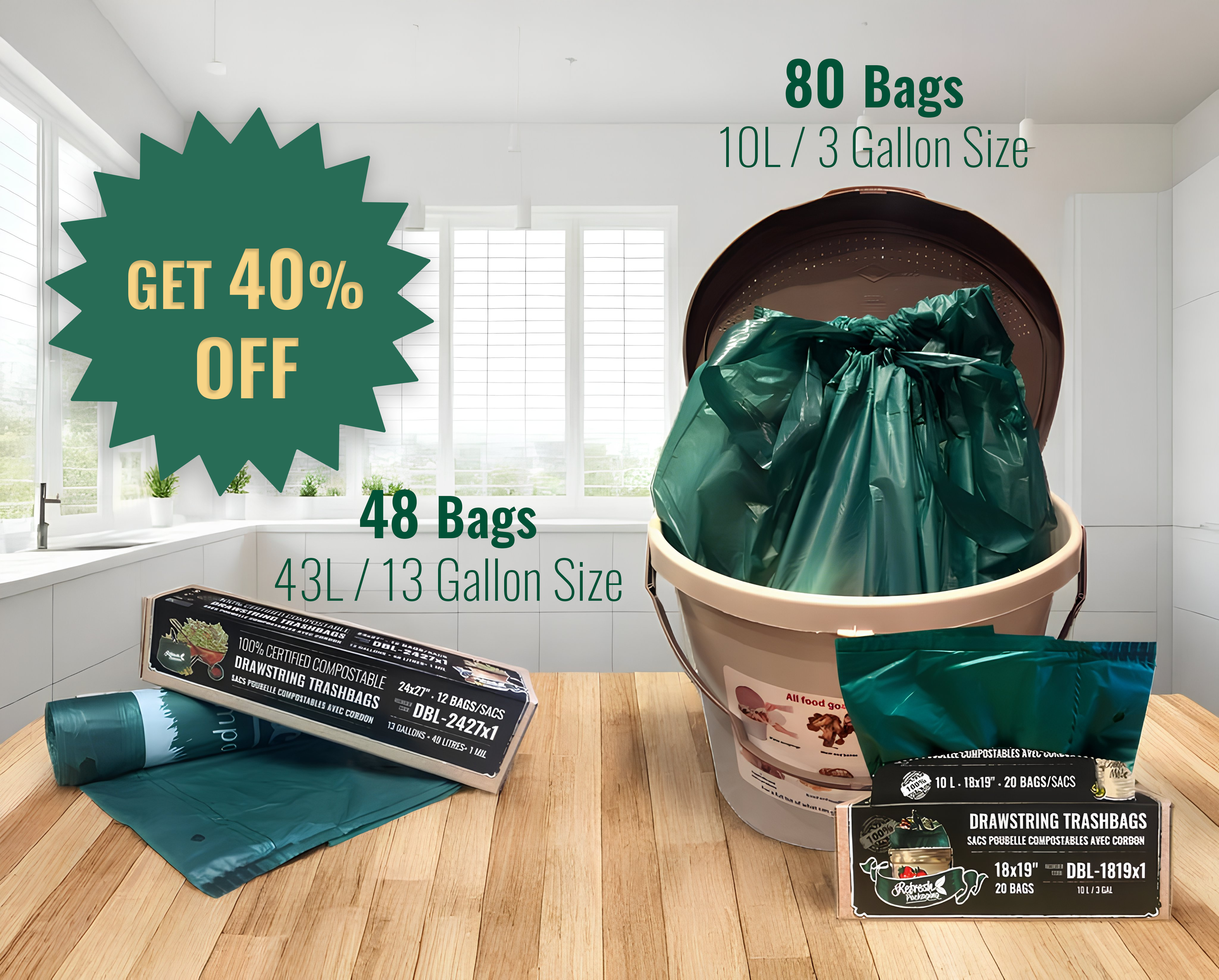 Compostable trash bags - draw string handles