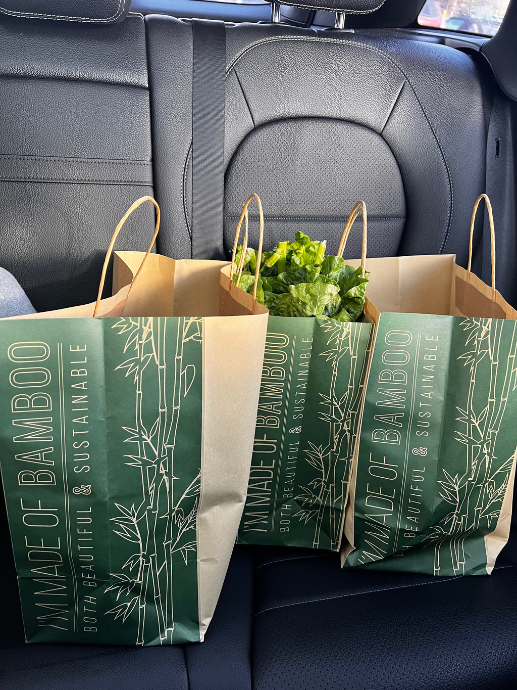 Two green 'Made of Bamboo' bags with groceries in a car's back seat.