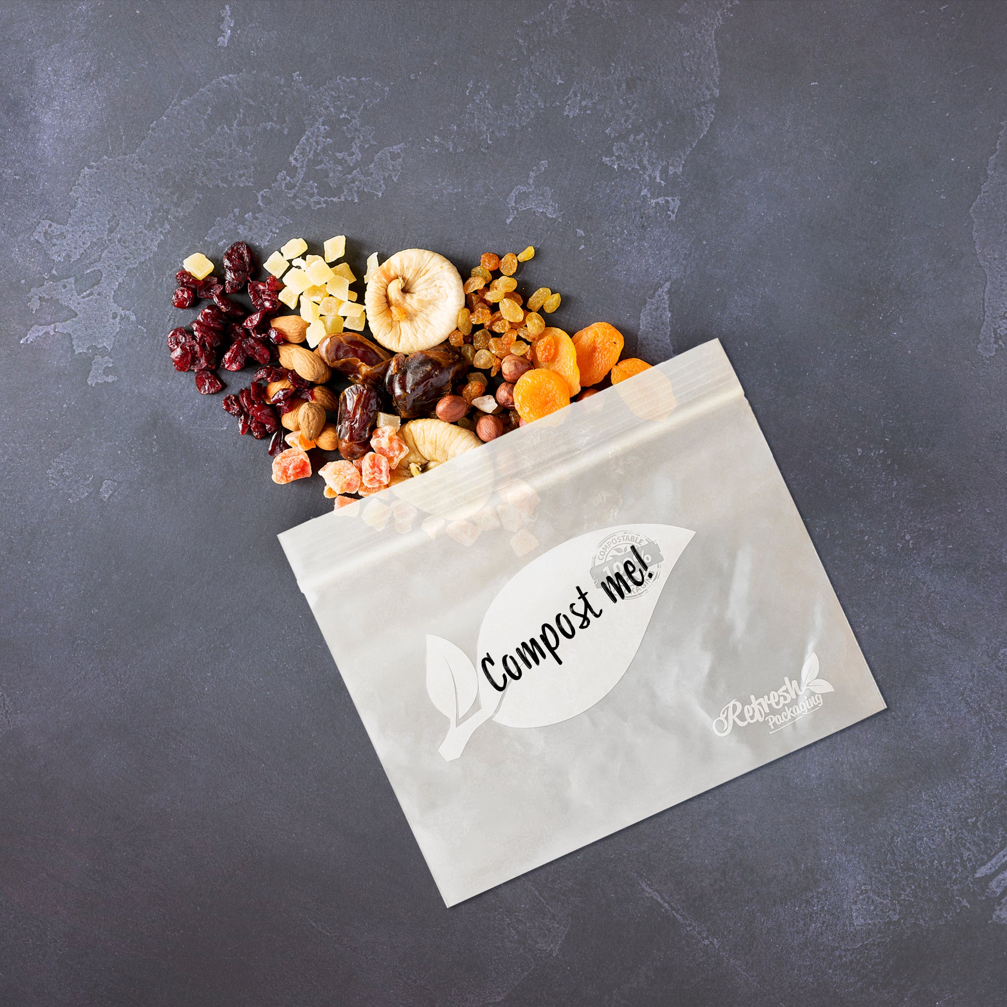Certified Compostable snack size resealable zip top food storage bag from Refresh Packaging